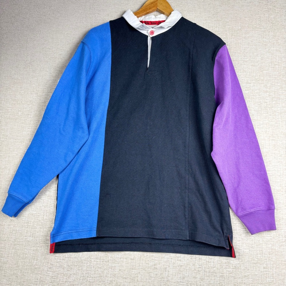 Bodega Colorblock Rugby Shirt Mens Large Black Blue Purple Long Sleeve Polo